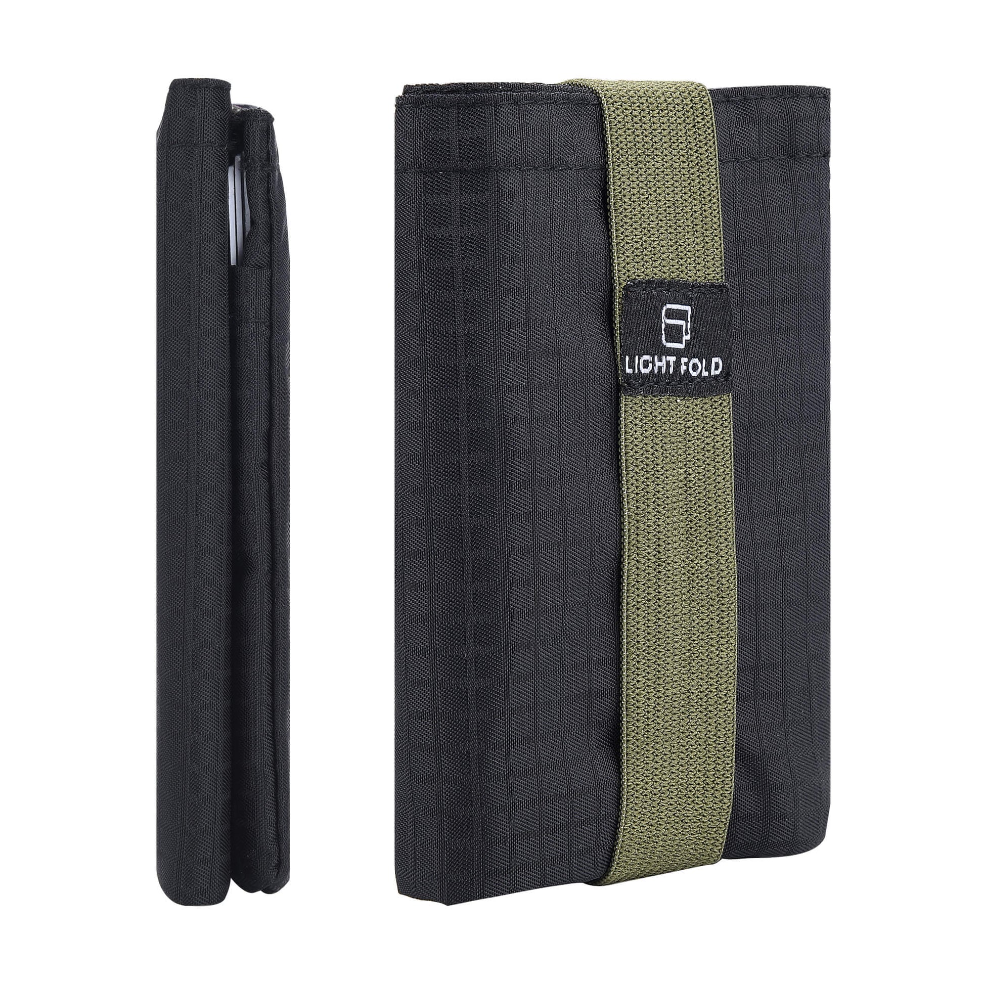 The LIGHT FOLD black wallet with army green elastic band and RFID Blocking