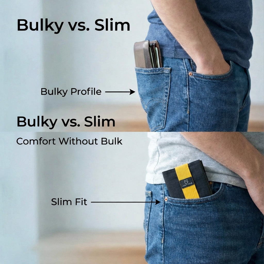 LIGHT FOLD slim wallets fit in the front and back pocket comfort without bulk.